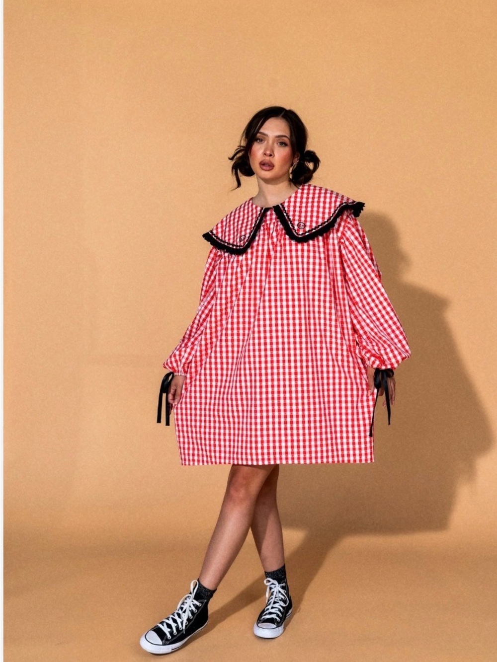 Dressed in LALA Red Gingham Mini Dress with Black Trim Collar
